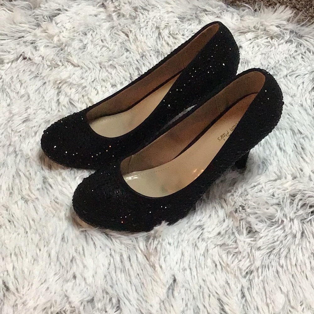 Black rhinestone low heel pumps